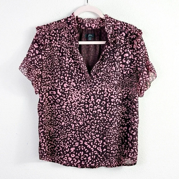 J. Crew Short-sleeve ruffle top in leopard / cheetah animal print maroon pink M - Picture 3 of 11
